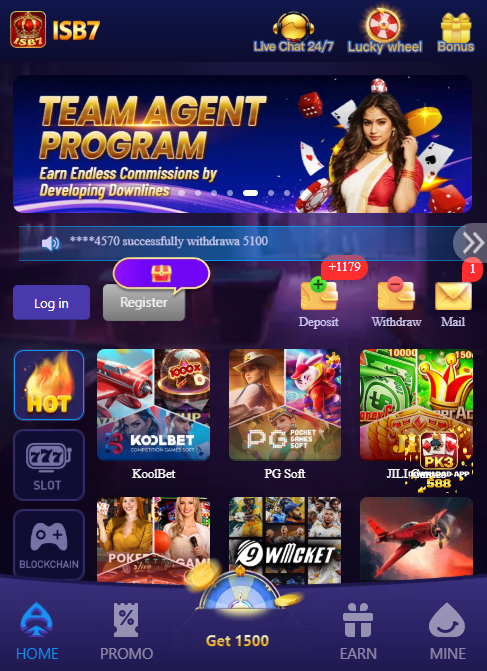 ISB7 Game main dashboard showing game lobby deposit withdraw and live support Pakistan