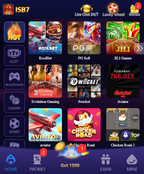 ISB7 game lobby showing KoolBet PG Soft JILI Evolution Gaming Aviator and Chicken Road game cards